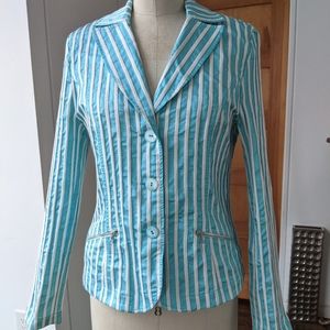 Turquoise white striped blazer seersucker 8